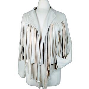 Womens Fringe Jacket Faux Suede Crop Cream Neutral Sz M